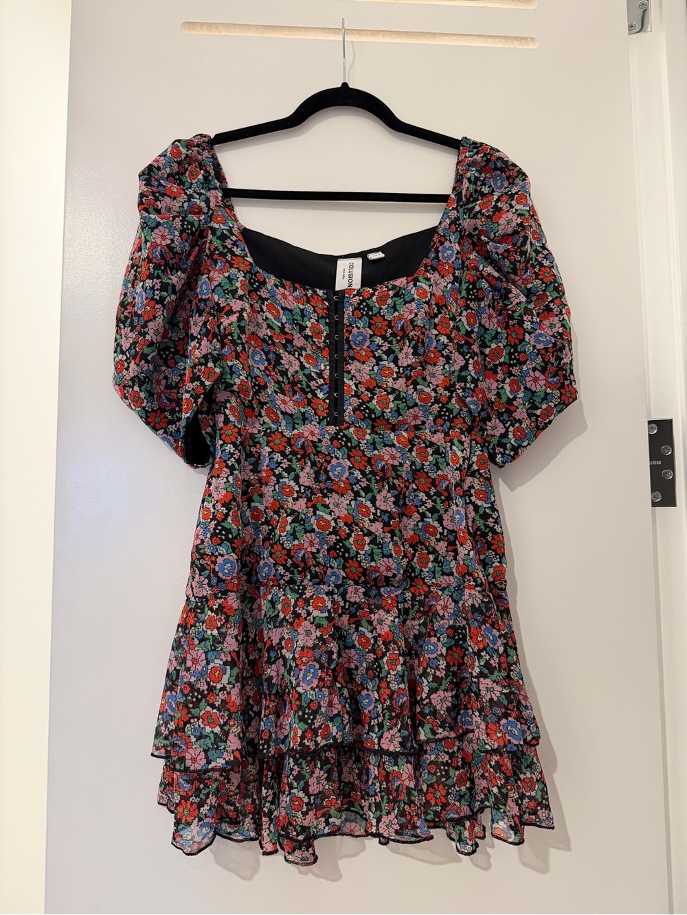 Floral Puff-Sleeve Black Mini Dress